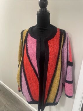 Open-Front Colorblock Knit Cardigan - Pink, Red, Mustard